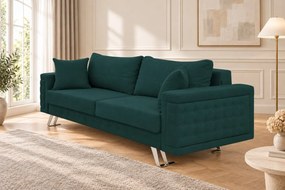 Canapea extensibilă Rosalia din stofă, verde, picioare argintii, cu ladă de depozitare