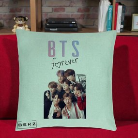 Perna Personalizata K-pop BTS Forever cu Foto Grup Negru, 40x40 cm, Verde Menta, Husa Detasabila, Perna Inclusa, BEKZ®