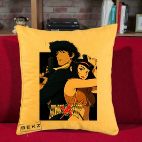 Perna Personalizata Cowboy Bebop Spike si Faye Poster, 40x40 cm, Galben, Husa Detasabila, Perna Inclusa, BEKZ®