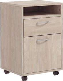 HOMCOM Dulap de Birou cu 4 Roți, Raft Deschis, 2 Sertare, Mobilier de Birou din Lemn și Metal, 40x35x60 cm, Lemn Natural | Aosom Romania