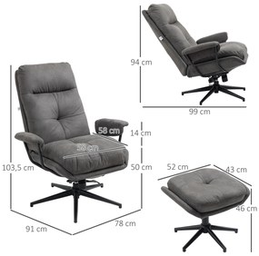 HOMCOM Fotoliu de relaxare cu șezlong, fotoliu cu taburet, spătar reglabil; Microfibră, Gri închis | Aosom Romania