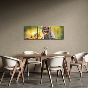 Tablou cu pisicuța uitându-se la floare (cu ceas) (90x30 cm)