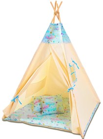 Cort copii stil indian Teepee Tent Kidizi Blue Moon, include covoras gros si 2 perne, stabilizator cadou