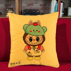 Perna Personalizata Labubu x Urs Albastru Colorat, 40x40 cm, Galben, Husa Detasabila, Perna Inclusa, BEKZ®