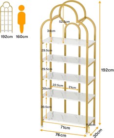 RAAU12 - Raft curbat, 76 cm, rafturi pentru birou, hol, living, baie - Auriu - Imitatie Marmura