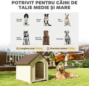 PawHut Căsuță pentru câini de talie medie și mare, ridicată, cu acoperiș înclinat, guri de aerisire și cuie, căsuță din PP, 88x78x89 cm, Bej și Maro Închis | Aosom Romania