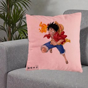 Perna Personalizata One Piece Luffy Gear Second Foc, 40x40 cm, Roz, Husa Detasabila, Perna Inclusa, BEKZ®
