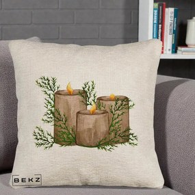 Perna Decorativa Lumanari Rustice cu Crengute Brad, 40x40 cm, Bej Canapea, Husa Detasabila, Perna Inclusa, BEKZ®