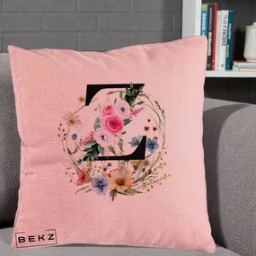 Cadou Personalizat - Perna Personalizata Monograma Florala Litera Z cu Coroana, 40x40 cm, Roz, Husa Detasabila, Perna Inclusa, BEKZ®