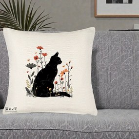 Perna Decorativa Pisica Neagra Profil Flori Portocalii, 40x40 cm, Crem Reliefat, Husa Detasabila, Perna Inclusa, BEKZ®