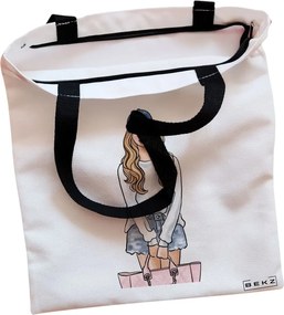Sacosa de Panza pentru Cumparaturi, Geanta Tote, Travel Girl 4, Cu fermoar, 38x34.5 cm, Alba, BEKZ®