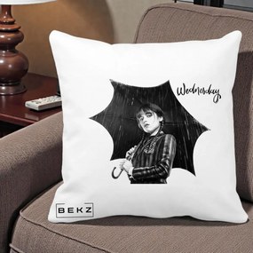 Perna Personalizata Wednesday Addams cu Umbrela Foto, 40x40 cm, Alba Mata, Husa Detasabila, Perna Inclusa, BEKZ®