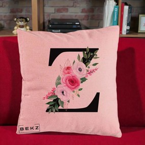 Cadou Personalizat - Perna Personalizata Monograma Florala Litera Z cu Buchet, 40x40 cm, Roz, Husa Detasabila, Perna Inclusa, BEKZ®
