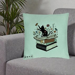 Perna Personalizata Pisica Neagra Carti Flori Fluturi, 40x40 cm, Verde Menta, Husa Detasabila, Perna Inclusa, BEKZ®