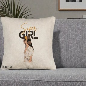 Perna Decorativa Super Girl Aesthetic, 40x40 cm, Bej Canapea, Husa Detasabila, Perna Inclusa, BEKZ®