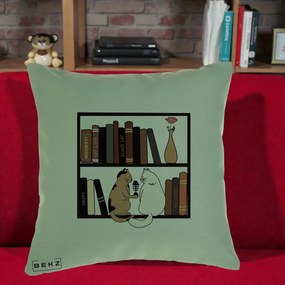 Perna Personalizata Pisici si Carti pe Raft, 40x40 cm, Verde, Husa Detasabila, Perna Inclusa, BEKZ®
