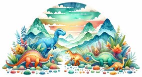 Tablou dinozauri colorați în munți