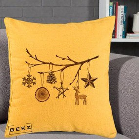 Perna Decorativa Ornamente de Lemn pe Ramura, 40x40 cm, Galben, Husa Detasabila, Perna Inclusa, BEKZ®