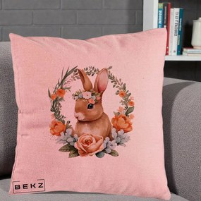 Perna Decorativa Iepuras Floral Coronita Acuarela, 40x40 cm, Roz, Husa Detasabila, Perna Inclusa, BEKZ®