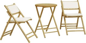 vidaXL Set de bistro pliabil, 3 piese, cu perne alb crem, bambus