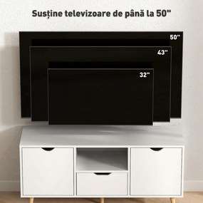 HOMCOM Mobilier TV de 50" cu Sertar, Raft Deschis și 2 Dulapuri, Mobilier TV cu 5 Picioare din Lemn, 110x40x50 cm, Alb | Aosom Romania