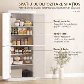 HOMCOM Dulap Înalt de Bucătărie cu 6 Rafturi și 2 Uși, Dulap cu Rafturi Reglabile din Lemn, 76x40,5x184 cm, Alb | Aosom Romania