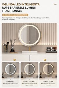Set VICTORIA GLAM – Masă de Toaletă pentru Machiaj, cu Oglindă LED și Taburet, Accente Aurii și Blat cu efect marmură, Alb