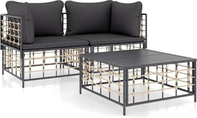 vidaXL Set șezlonguri de grădină 3 piese cu perne, antracit, poliratan