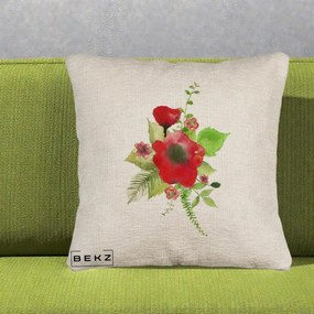 Perna Decorativa Buchet Rosu Acuarela, 40x40 cm, Bej Canapea, Husa Detasabila, Perna Inclusa, BEKZ®
