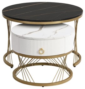 Set de 2 Măsuțe de Cafea Moderne Modulare din Marmură Sintetică cu Detalii Aurii și Sertare, Dimensiuni 70x70x45 cm și 50x50x40 cm, Negru
