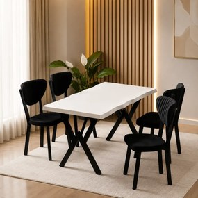 Set Masa Barton din MDF cu 4 Scaune din metal, alb si negru, 140 cm