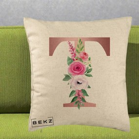 Cadou Personalizat - Perna Personalizata Monograma Rose Gold Litera T, 40x40 cm, Bej, Husa Detasabila, Perna Inclusa, BEKZ®