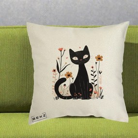 Perna Decorativa Pisica Neagra Flori Pastel Folk, 40x40 cm, Ecru, Husa Detasabila, Perna Inclusa, BEKZ®