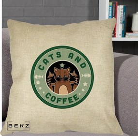 Perna Personalizata Cats and Coffee Starbucks, 40x40 cm, Crem, Husa Detasabila, Perna Inclusa, BEKZ®