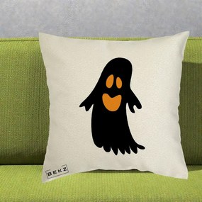 Perna Decorativa Halloween Fantoma Neagra cu Ochi Portocalii, 40x40 cm, Ecru, Husa Detasabila, Perna Inclusa, BEKZ®
