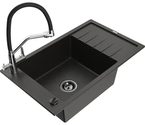Mexen Elias chiuvetă granit 1-cameră cu scurgător și baterie Duo, negru/auriu metalic - 6511-75-671701-07-B