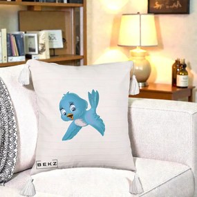 Perna Decorativa Pui de Pasare Albastru, 40x40 cm, Bej cu Franjuri, Husa Detasabila, Perna Inclusa, BEKZ®