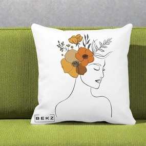 Perna Decorativa Portret Feminin Flori Galbene-Portocalii, 40x40 cm, Alba Mata, Husa Detasabila, Perna Inclusa, BEKZ®