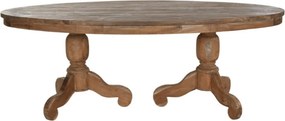 Masă dining sculptată ovală din lemn de tec, natur, 10 locuri, cu două coloane strunjite, 78 x 220 x 110 cm, „Aurea”