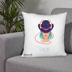 Perna Personalizata Zodie Taur, 40x40 cm, Alb Pufos, Husa Detasabila, Perna Inclusa, BEKZ®