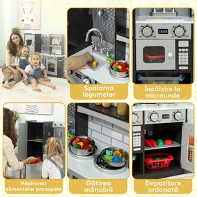 AIYAPLAY Bucătărie de Jucărie pentru Copii 3-8 Ani din Lemn cu Accesorii, Frigider, Chiuvetă și Buton cu Sunete, Maro | Aosom Romania