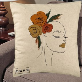 Perna Decorativa Portret Feminin Trandafiri Ruginii, 40x40 cm, Bej, Husa Detasabila, Perna Inclusa, BEKZ®