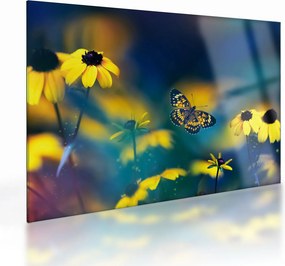 Tablou pe sticlă - Fluture galben și flori (70x50 cm)