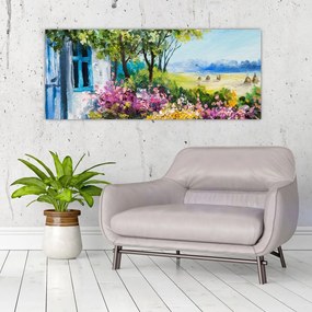 Tablou - Grădina din fața casei, pictură în ulei (120x50 cm)