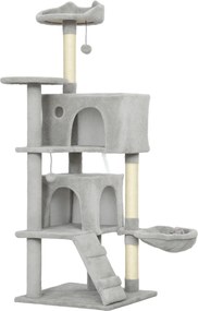 PawHut Arbore Zgâriător pentru Pisici Înalt de 140 cm cu 2 Căsuțe, Hamac, Pat și Stâlpi din Sisal, Gri | Aosom Romania