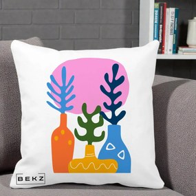 Perna Decorativa Vaze Botanice Abstract, 40x40 cm, Alba Mata, Husa Detasabila, Perna Inclusa, BEKZ®