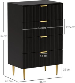 HOMCOM Comodă Modernă cu 4 Sertare și Mânere Aurii, Negru | Aosom Romania