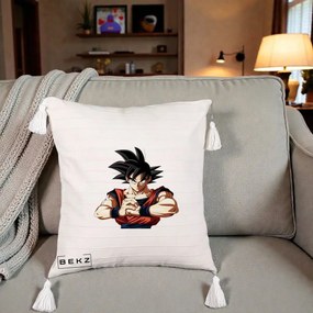 Perna Personalizata Dragon Ball Goku Portret Serios, 40x40 cm, Bej cu Franjuri, Husa Detasabila, Perna Inclusa, BEKZ®