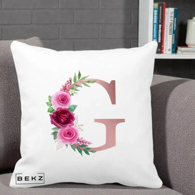 Cadou Personalizat - Perna Personalizata Monograma Rose Gold Litera G, 40x40 cm, Alba Mata, Husa Detasabila, Perna Inclusa, BEKZ®