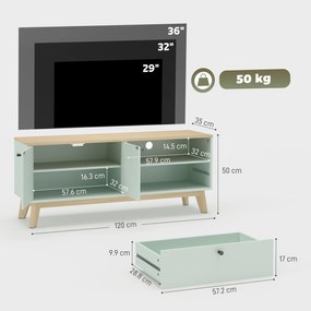 HOMCOM Comodă TV 120 cm, corp TV pentru televizoare până la 91,4 cm cu 2 uși, sertar, compartiment deschis, verde deschis | Aosom Romania